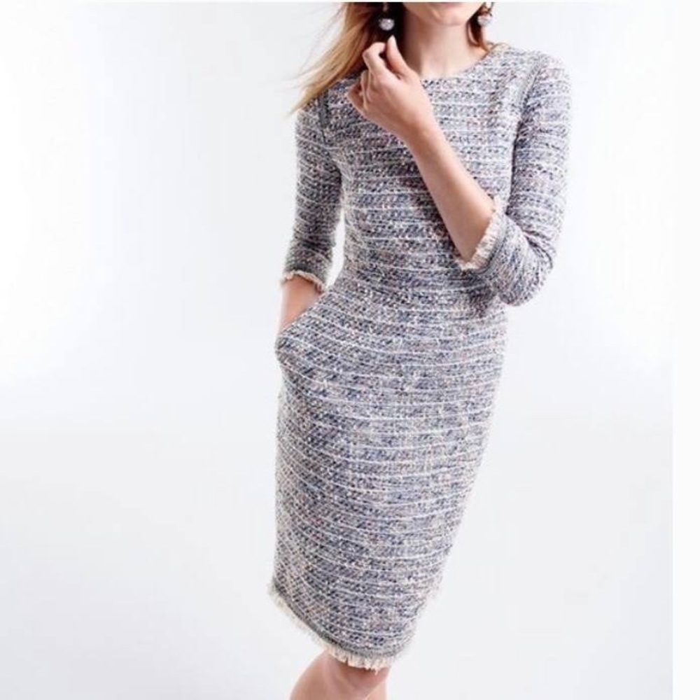 JCrew Long Sleeve Multicolored tweed dress with fringe and pockets